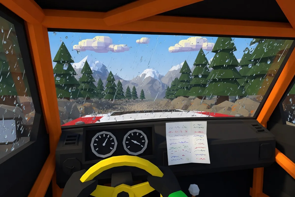 Illustration of a rally cockpit with an orange roll cage and a pace-note card