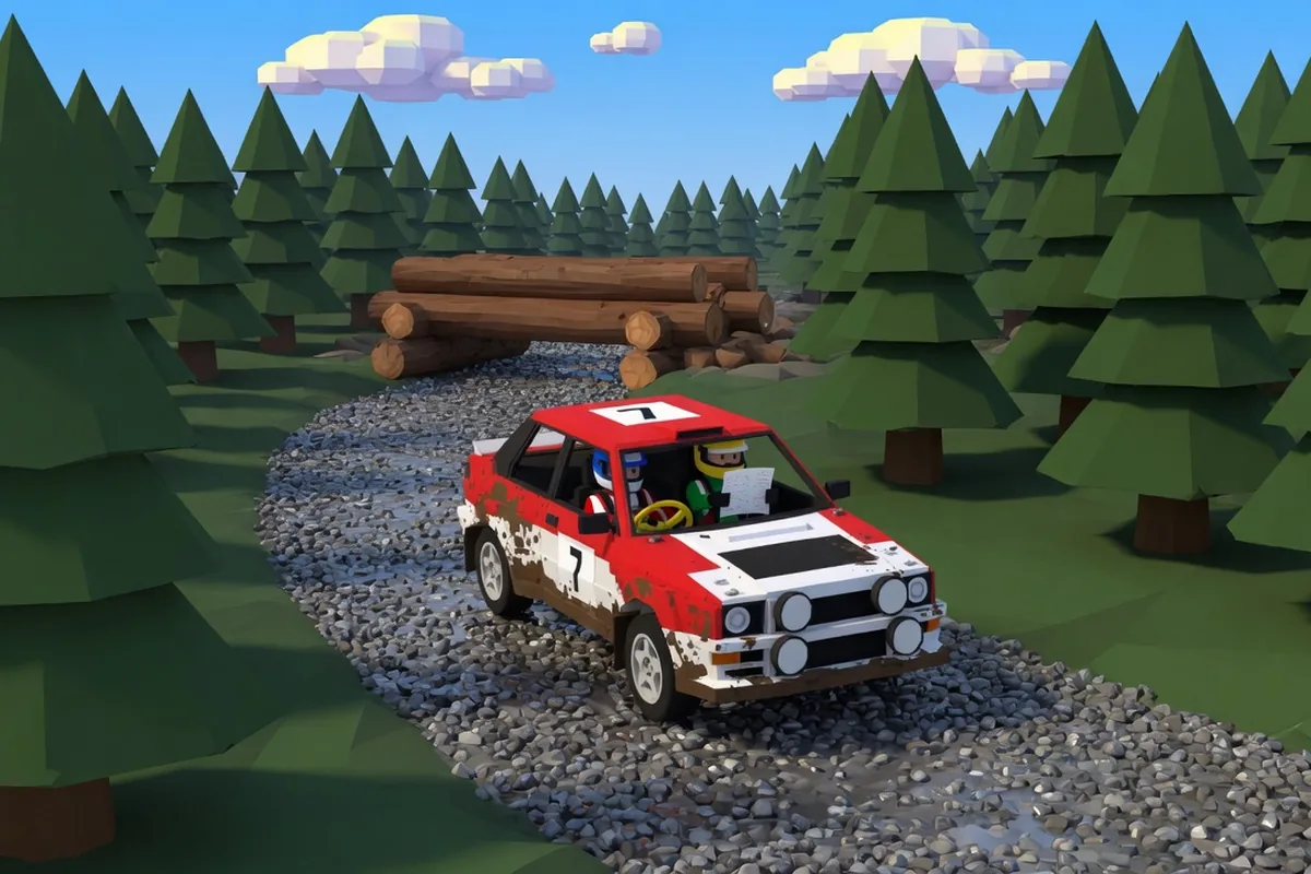 Illustration of a red and white rally car on a pine-forest gravel road