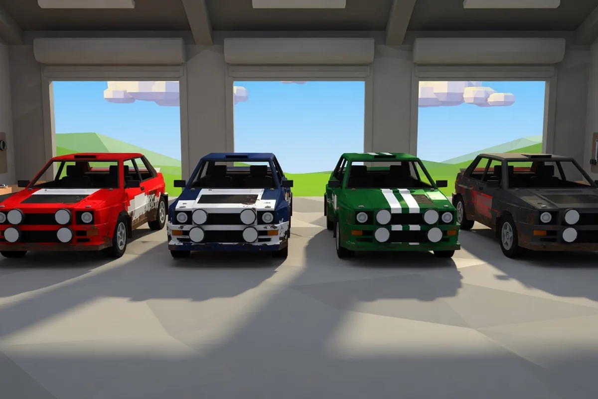 Illustration of rally cars in a garage, the place CR does not buy directly